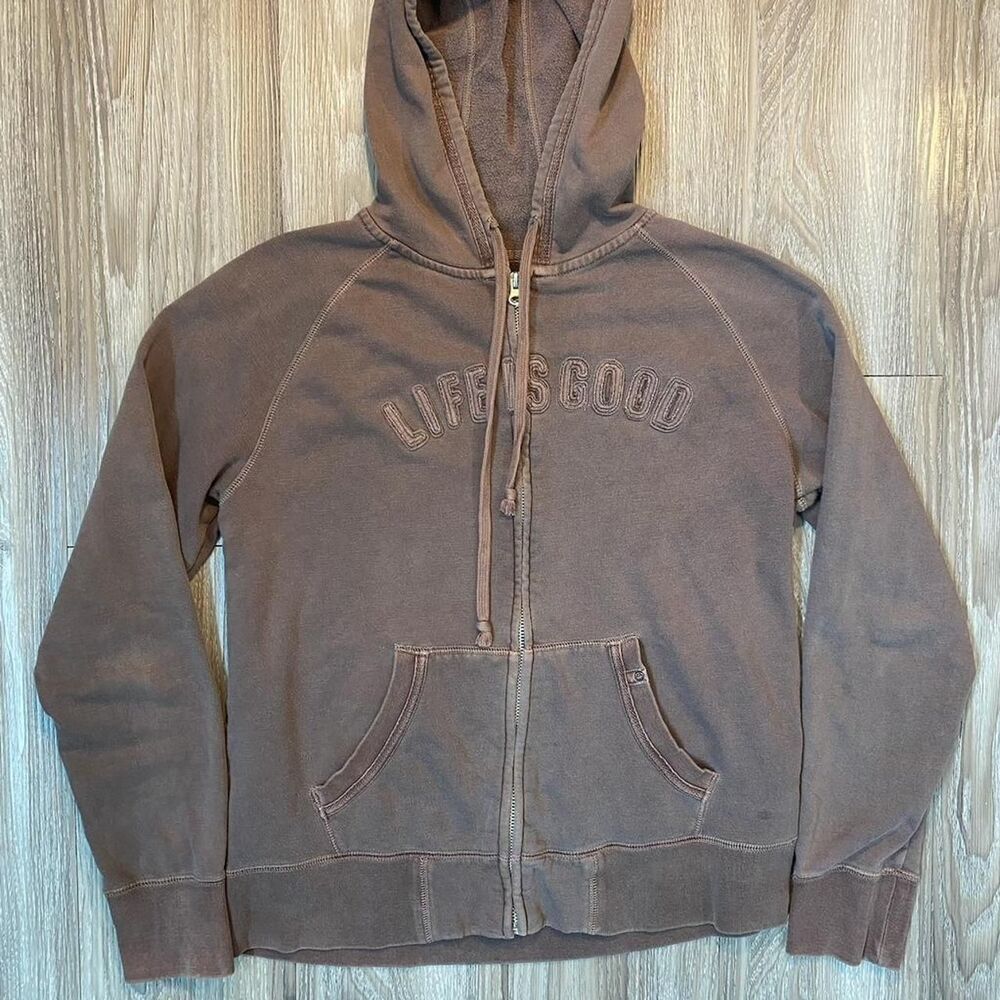 Life is good Embroidered Brown Zip up Jacket Womens Size Medium
